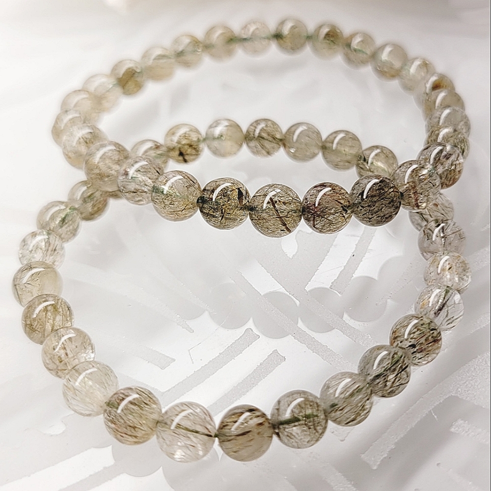 Natural Green Tourmaline Hair Rutilated Crystal Beads Stretch Bracelet Set